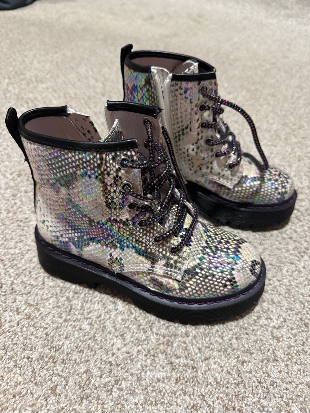 Madden Girl Iridescent Snake-Print Combat Boots - Silver with Multicolor Accents